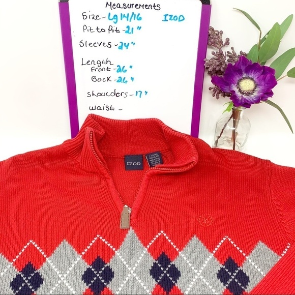 IZOD Boys Red Argyle Pattern 1/4 Zip Pull Over Cotton Sweater Size 14 16 Large - Picture 8 of 16